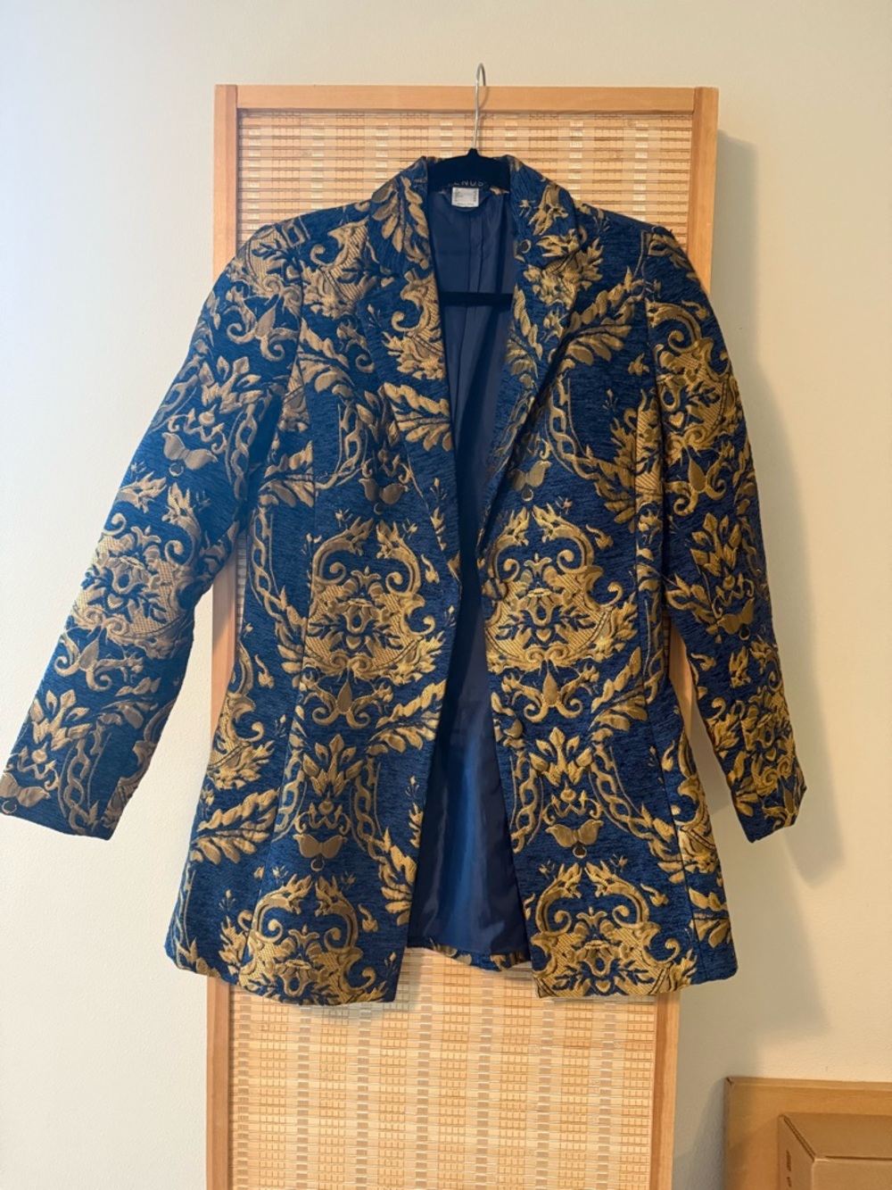 Gold & Navy Brocade Women's Coat - Luxurious Patterned Jacket
